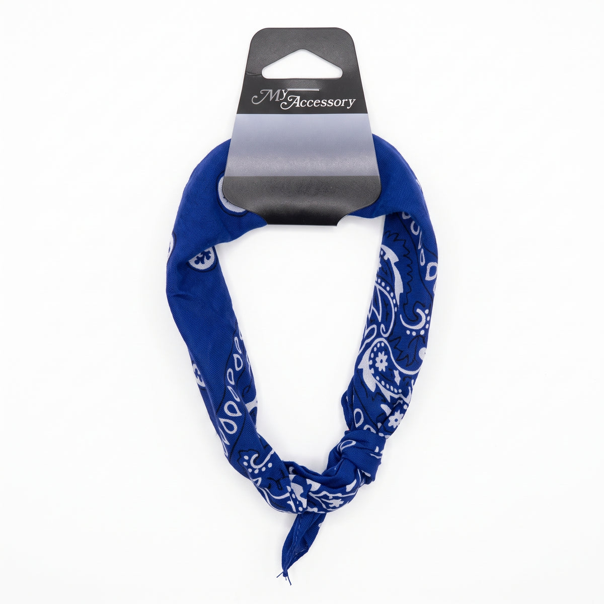 Blue paisley bandana headband on a hang-sell card