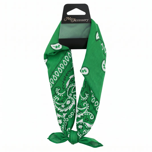 Green paisley bandana headband on a hang-sell card