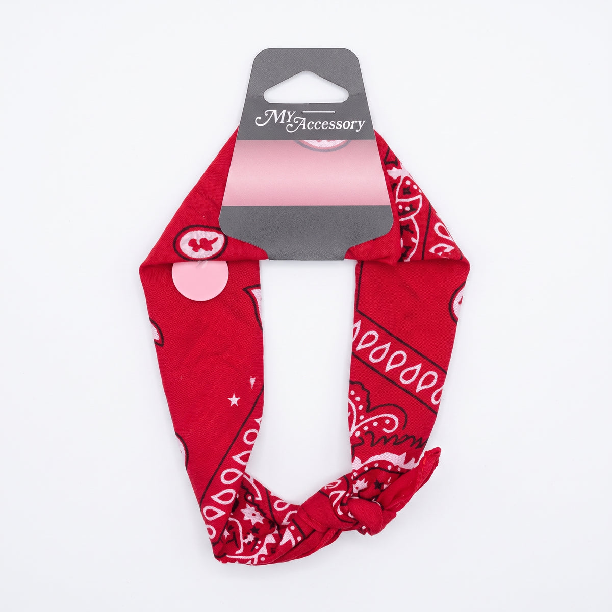 Red paisley bandana headband on a hang-sell card