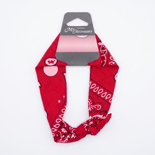 Red paisley bandana headband on a hang-sell card
