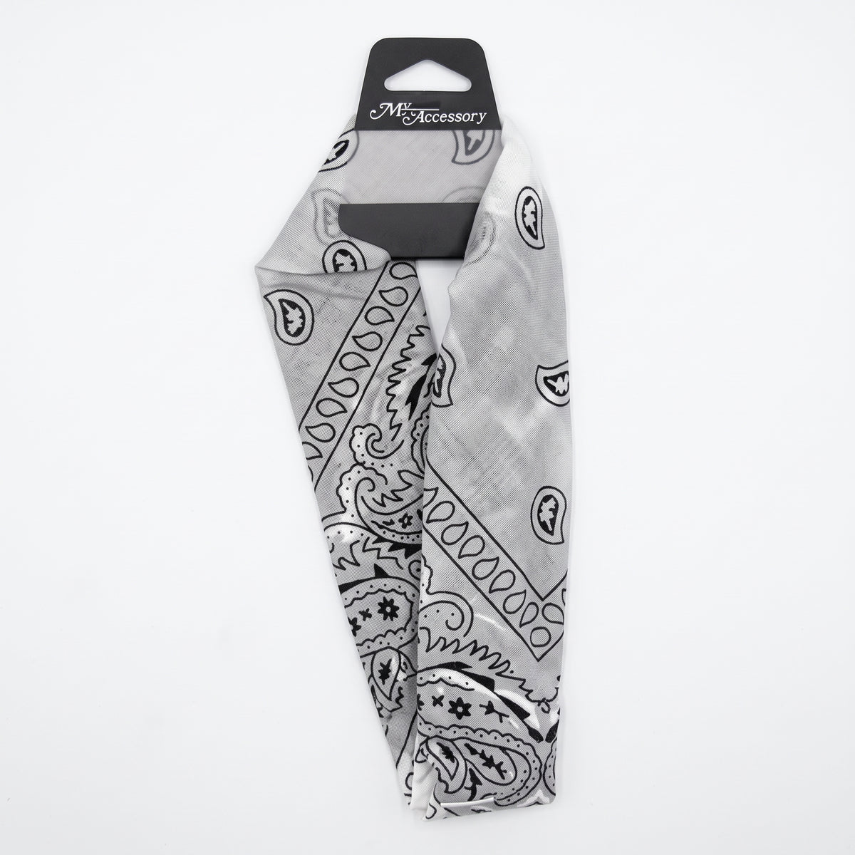White paisley bandana headband on a hang-sell card