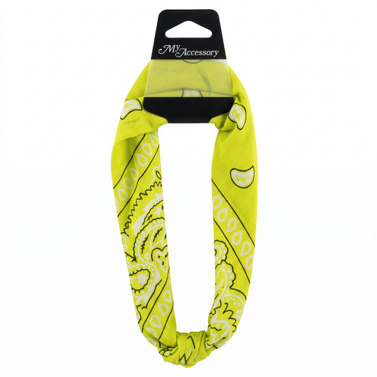 Yellow paisley bandana headband on a hang-sell card