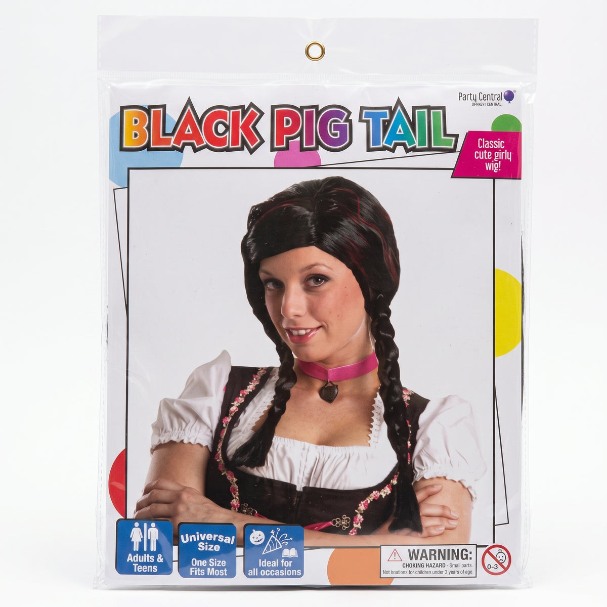 Black braided pigtail costume wig in packaging