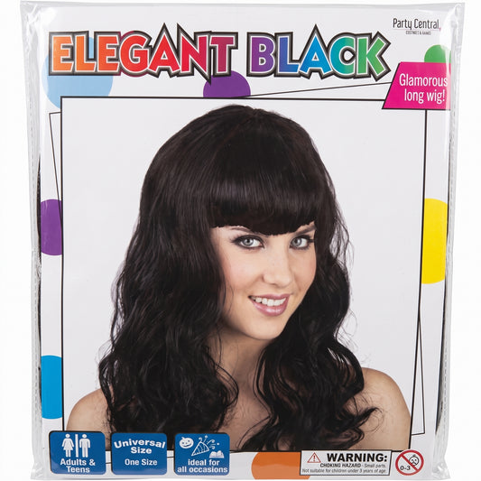 Long wavy black costume wig with fringe in packaging