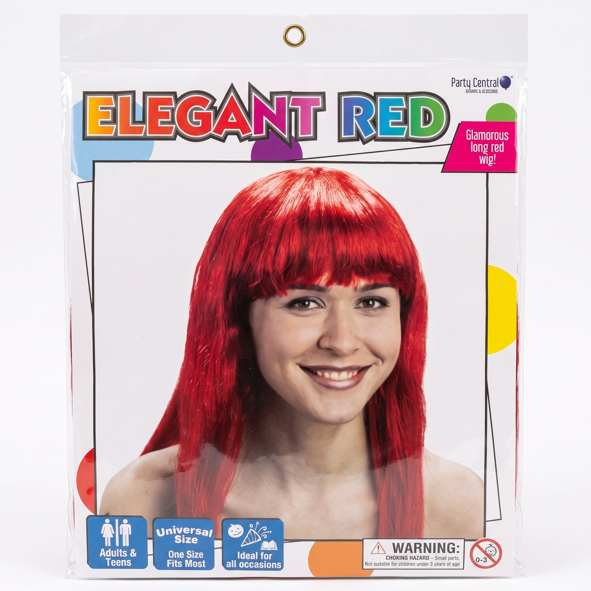 Long straight red costume wig with fringe in packaging