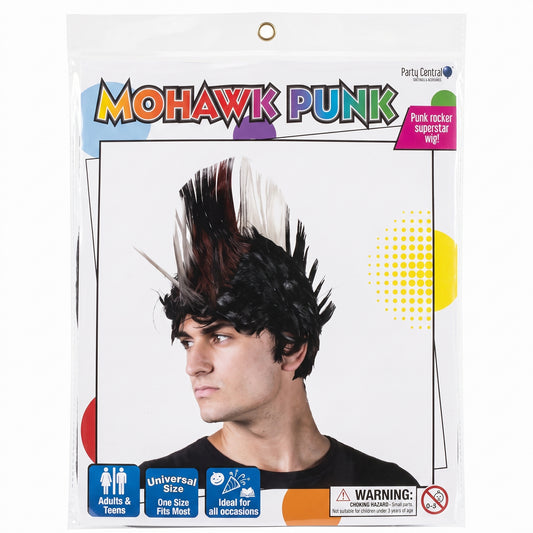 Black mohawk punk costume wig with red and white streaks in packaging