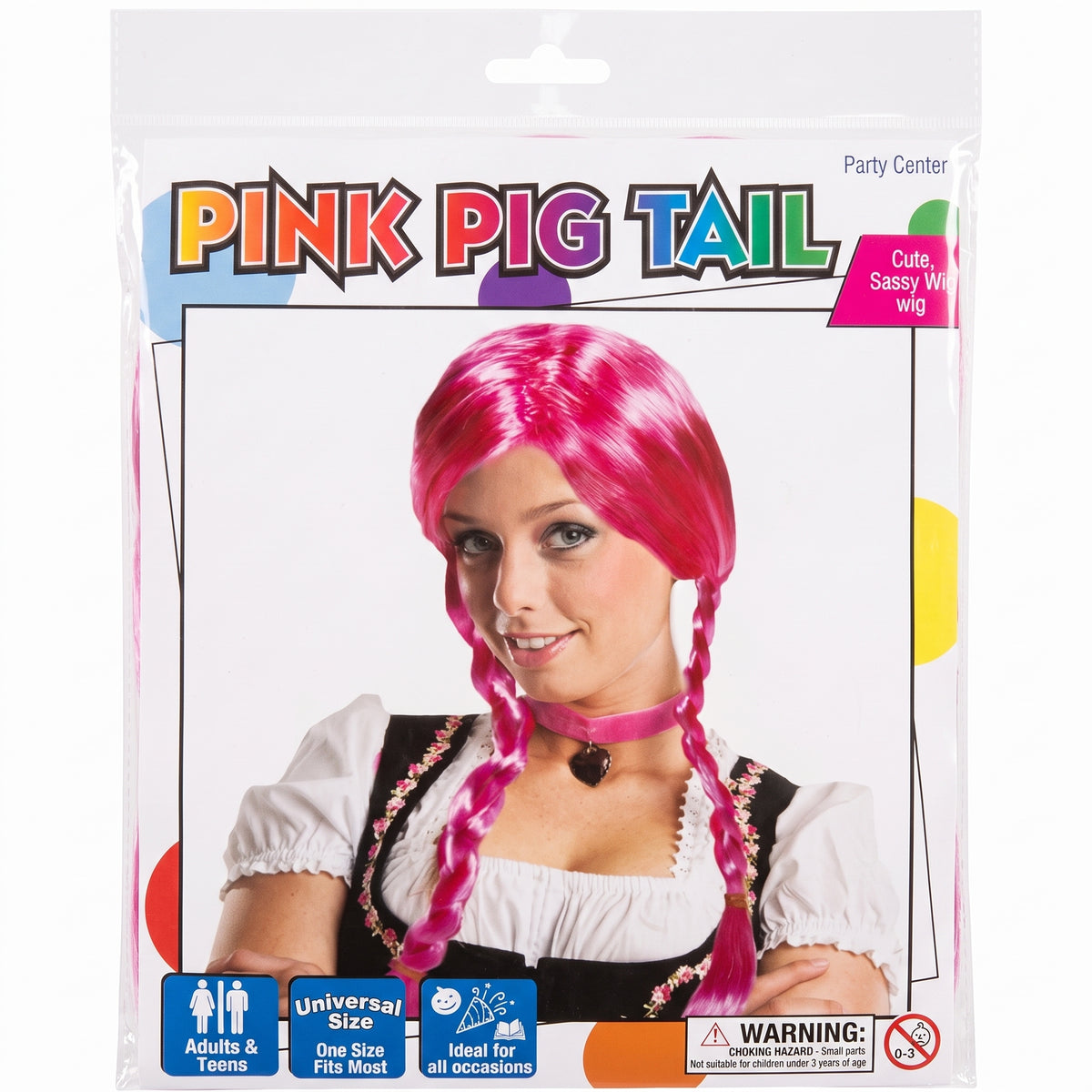 Pink pigtail braided costume wig in packaging