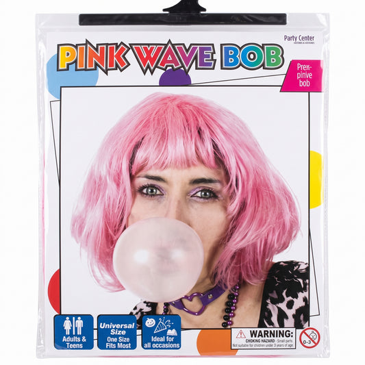 Pink wave bob costume wig with fringe in packaging