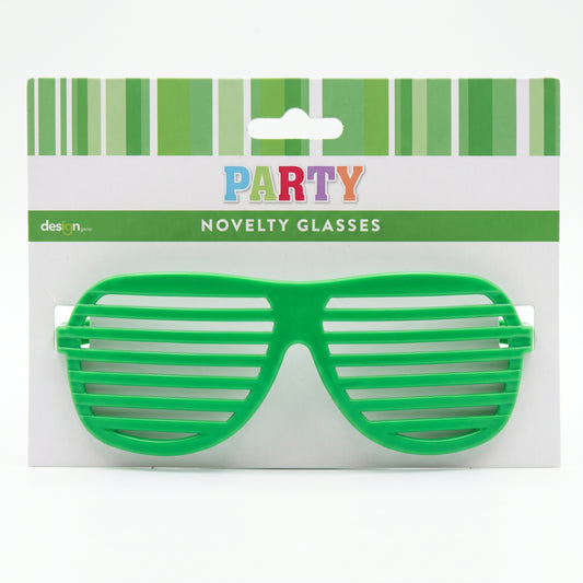 Green shutter-style novelty party glasses on hang-sell card