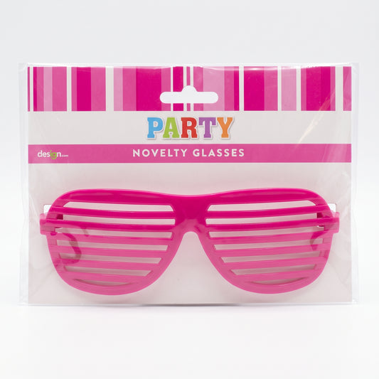 Pink shutter-style novelty party glasses on hang-sell card