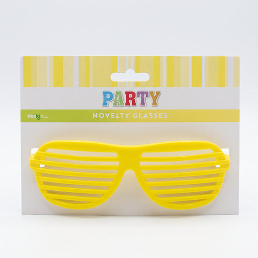 Yellow shutter-style novelty party glasses on hang-sell card