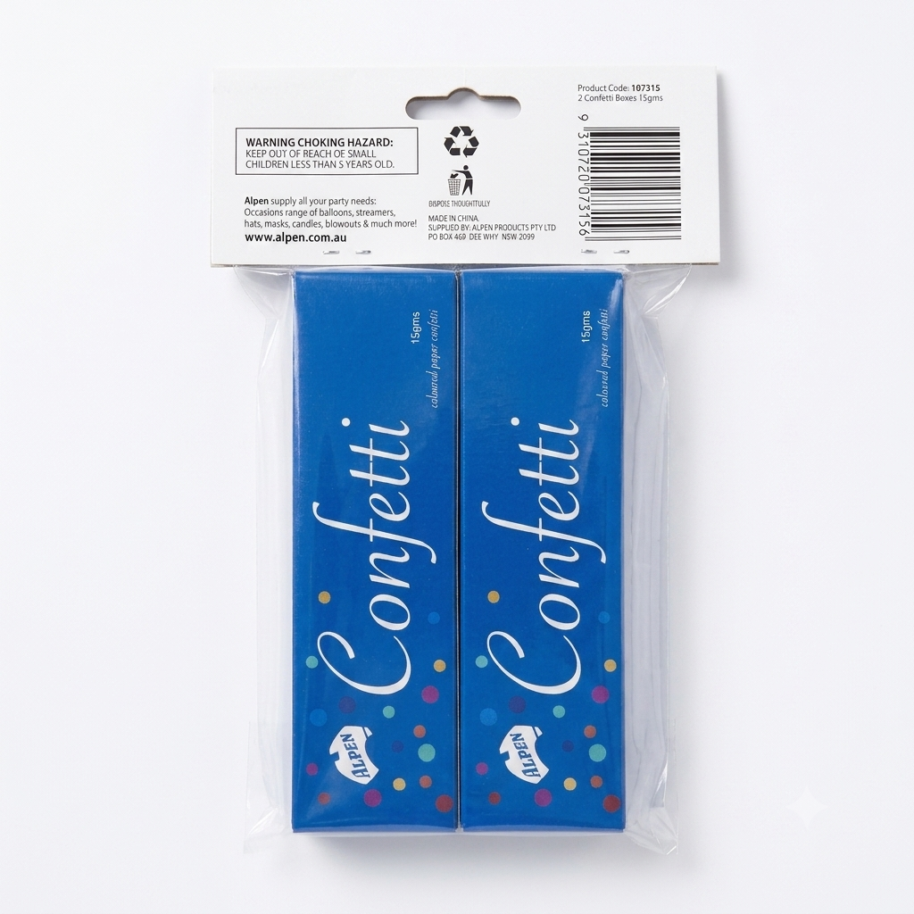 Pack of two blue Alpen Occasions confetti boxes containing 15gms of coloured paper confetti each