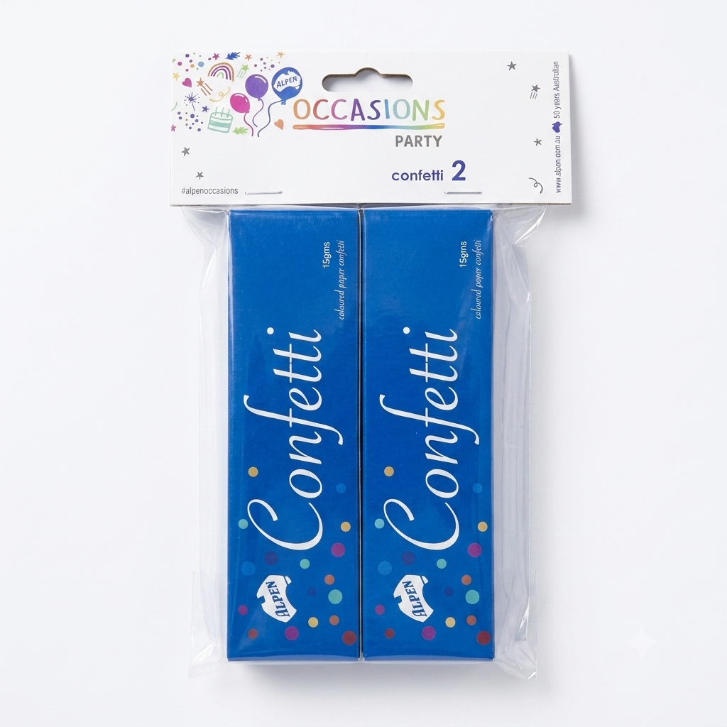 Pack of two blue Alpen Occasions confetti boxes containing 15gms of coloured paper confetti each