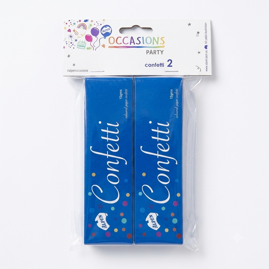 Pack of two blue Alpen Occasions confetti boxes containing 15gms of coloured paper confetti each